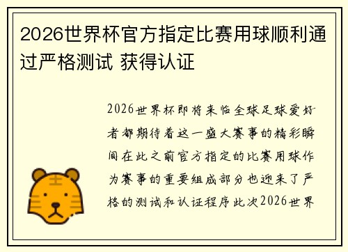 2026世界杯官方指定比赛用球顺利通过严格测试 获得认证