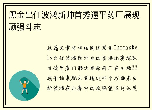黑金出任波鸿新帅首秀逼平药厂展现顽强斗志